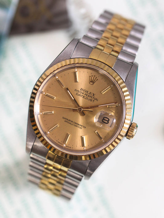 1992 Rolex Datejust 16233 Champagne Baton Dial Full Set